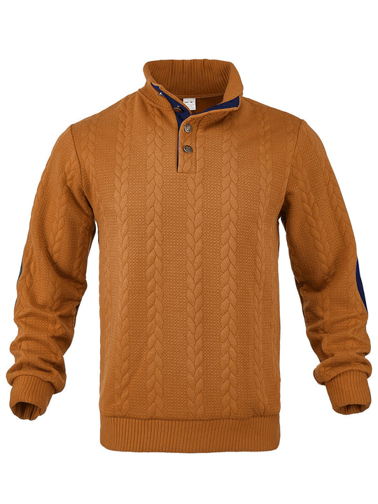Herren nan Zopfmuster-Halbknopf-Pullover mit hohem Stehkragen und Wildleder-Ellbogenpatches R&B