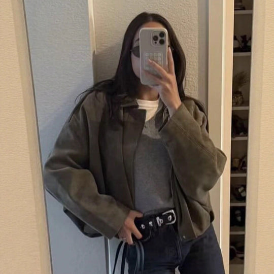 Damen nan weite Kurzjacke mit Ballonbund, verdecktem Verschluss und Schulterklappen R&B