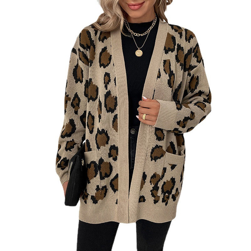 Damen modische Strickjacke mit Leopardenmuster und praktischen Taschen R&B