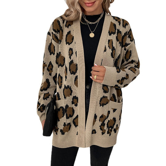 Damen modische Strickjacke mit Leopardenmuster und praktischen Taschen R&B