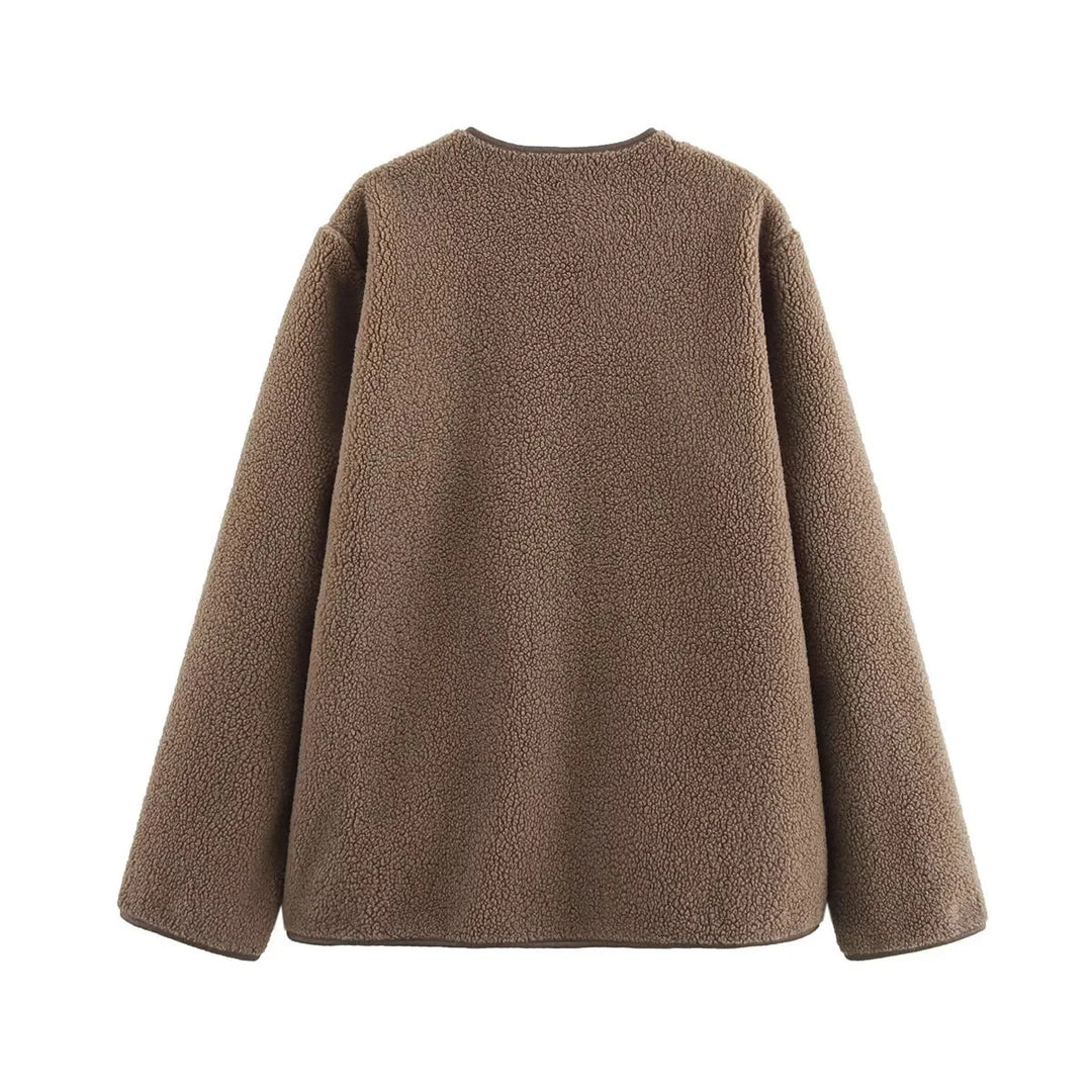 Damen kuschelige Teddyjacke mit praktischen Taschen und Knopfverschluss R&B