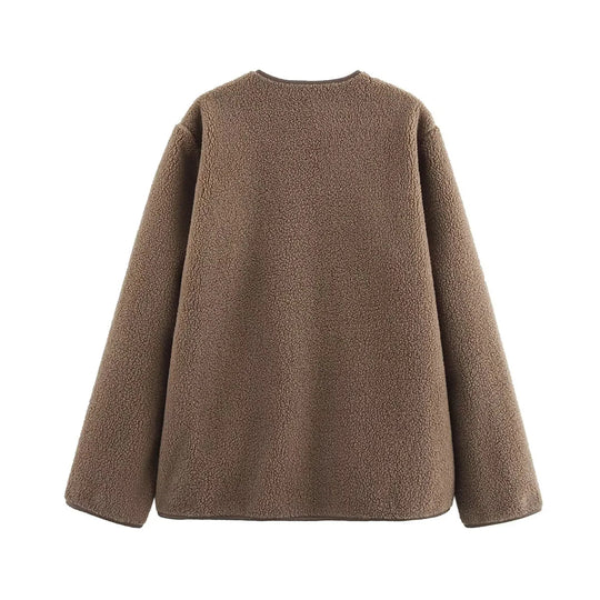 Damen kuschelige Teddyjacke mit praktischen Taschen und Knopfverschluss R&B