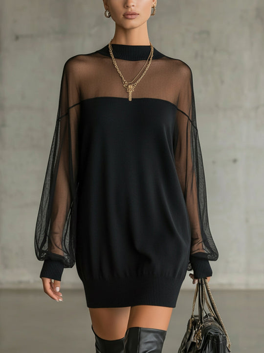 Damen Luftiges Minikleid mit transparenten Ärmelpartien und stylischem Highneck R&B