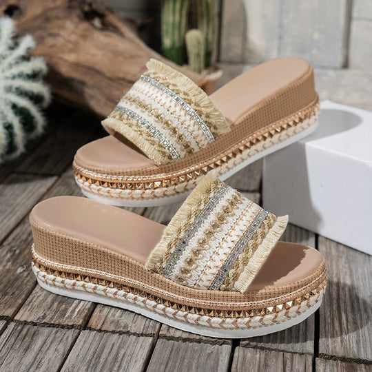 Damen Riemensandalen mit modischer Schmuckverzierung und Plateau-Rand R&B