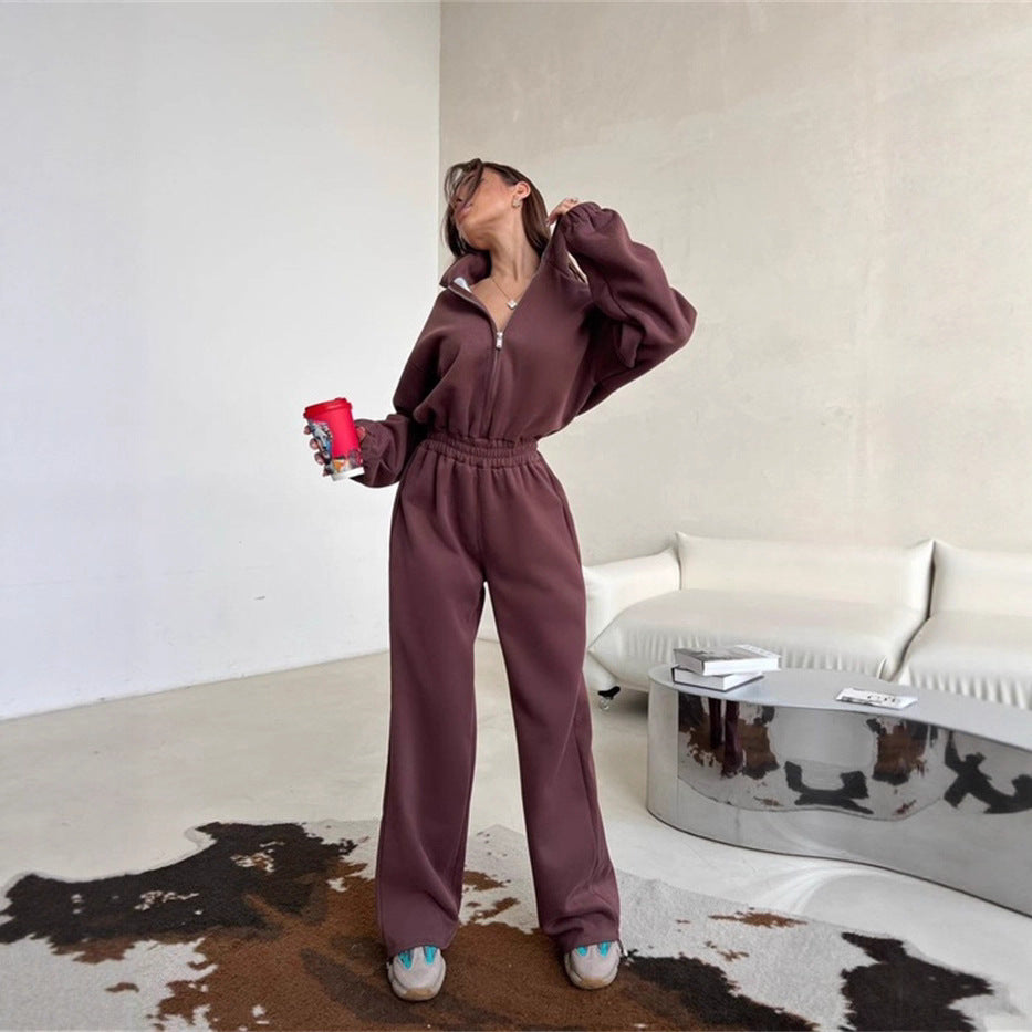 Damen sportlicher Fleece-Loungewear-Anzug mit hohem Kragen und elastischem Bund R&B