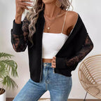 Damen nan leichte Bomberjacke mit floralen Spitzenärmeln und Reißverschluss R&B