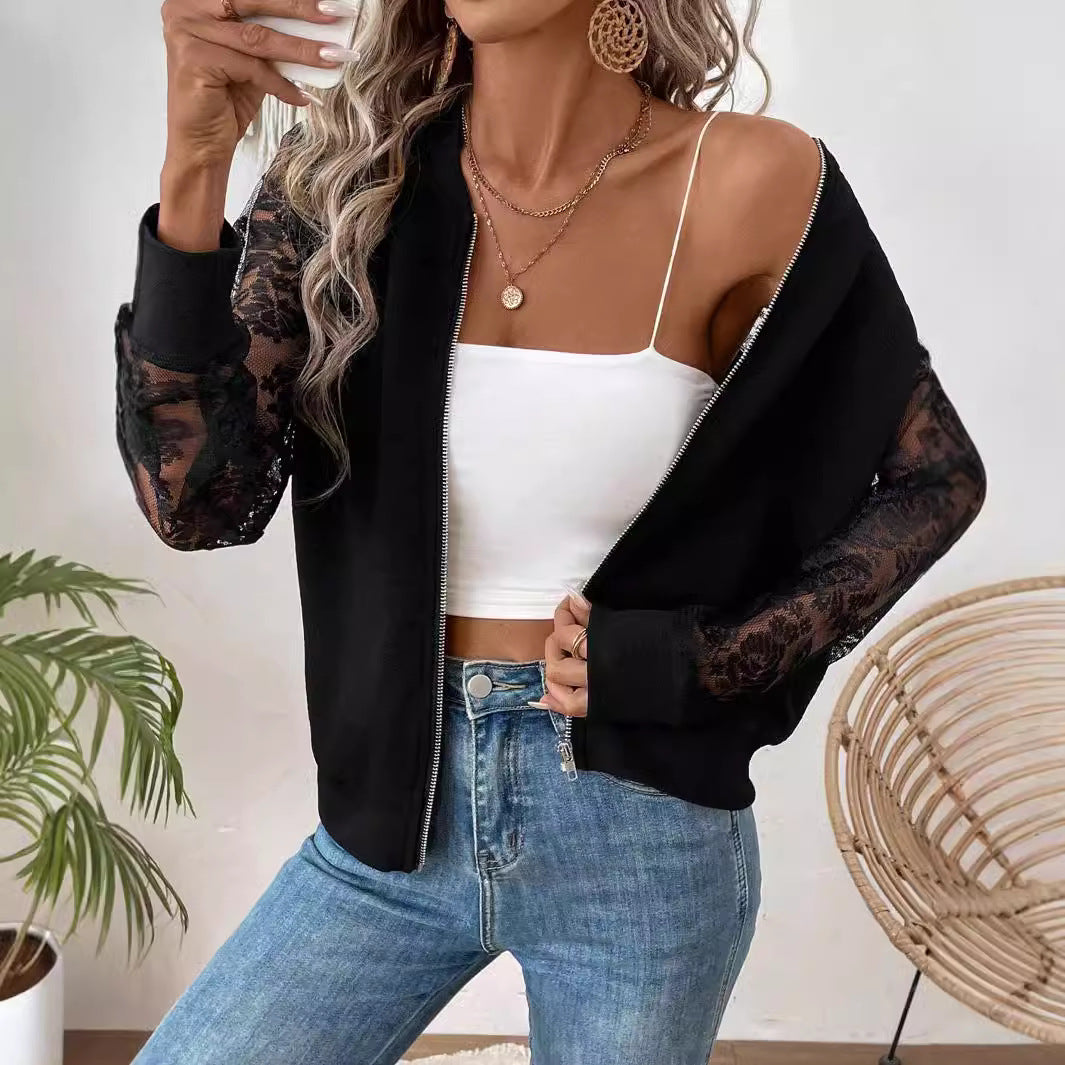Damen nan leichte Bomberjacke mit floralen Spitzenärmeln und Reißverschluss R&B