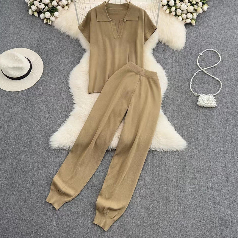 Damen elegantes Lounge-Set mit kurzärmligem Polo und weiten Hosen R&B