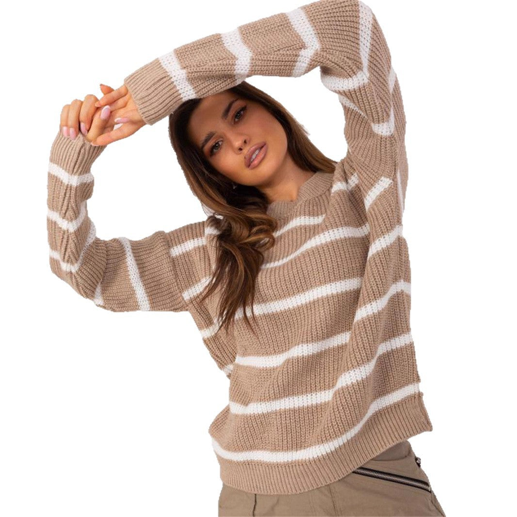 Damen lässiger Strickpullover mit modernem Streifenmuster und weitem Schnitt R&B