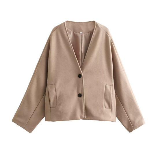 Damen modische Kurzjacke mit elegantem Revers und praktischen Taschen R&B