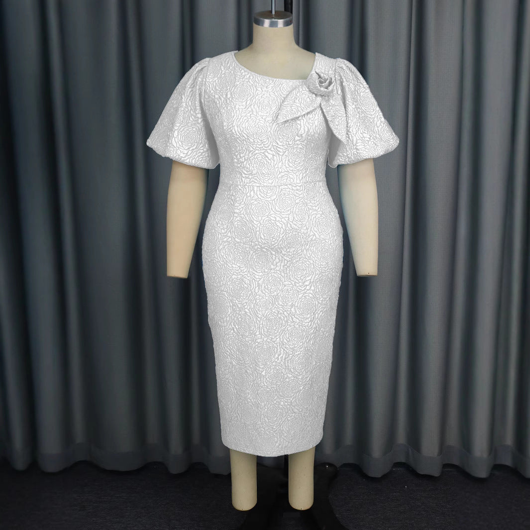 Damen elegantes Etuikleid mit fließenden Puffärmeln und Blumenapplikation R&B