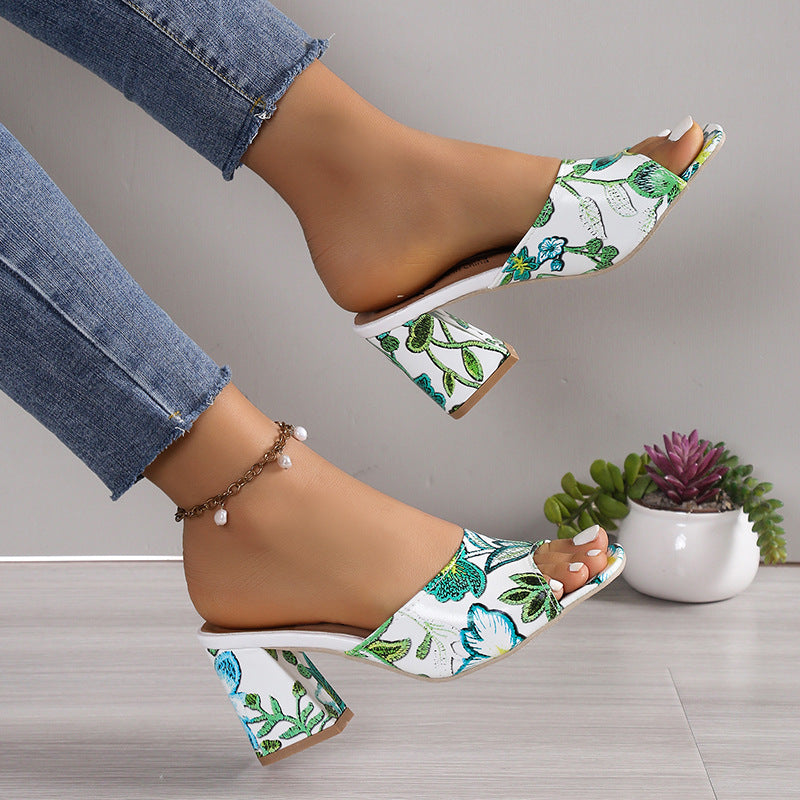 Damen offene Blockabsatz-Sandalen mit floralem Design R&B