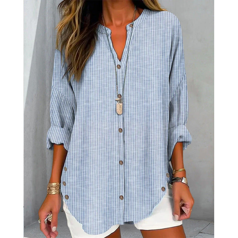 Damen Langarm Blusenshirt mit Knopfleiste und asymmetrischem Saum R&B
