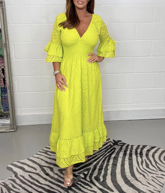 Damen Maxikleid mit floraler Lochstickerei und weiten Ärmeln R&B
