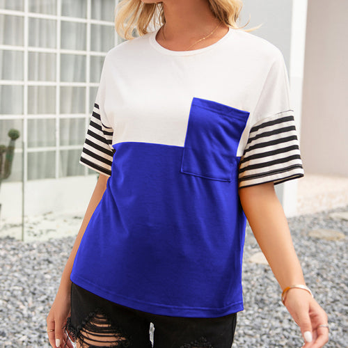 Damen modisches T-Shirt mit gestreiften Ärmeln und aufgesetzter Tasche R&B