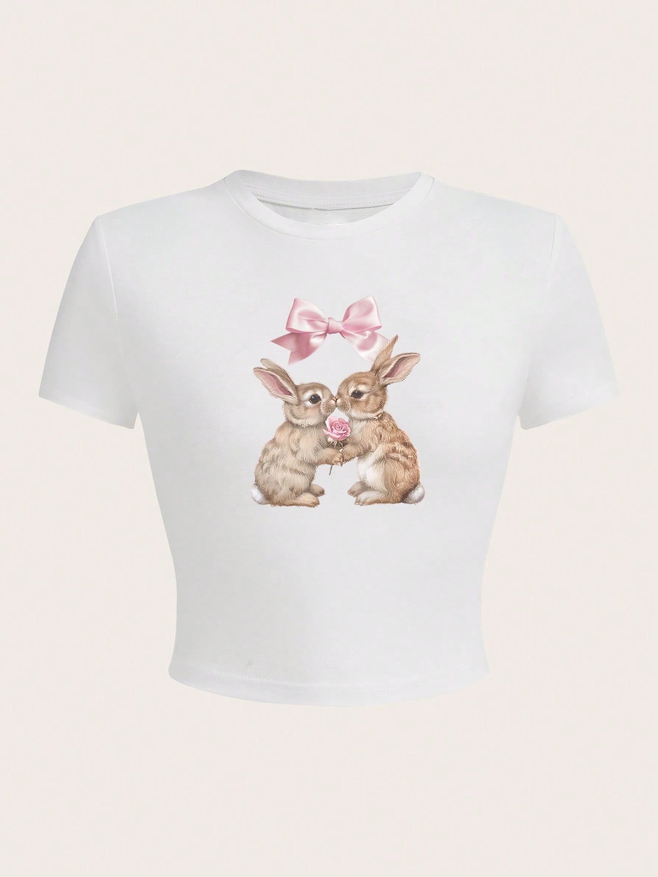 Damen Crop-Top mit entzückendem Kaninchenmotiv und Schleifendruck R&B