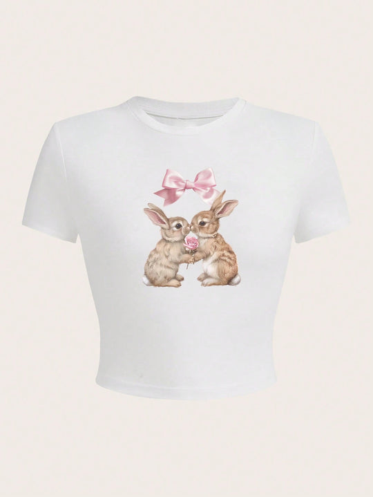 Damen Crop-Top mit entzückendem Kaninchenmotiv und Schleifendruck R&B