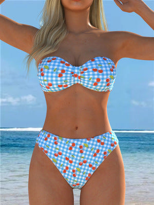 Damen Bandeau-Bikini mit verspieltem Karomuster und fruchtigem Print R&B