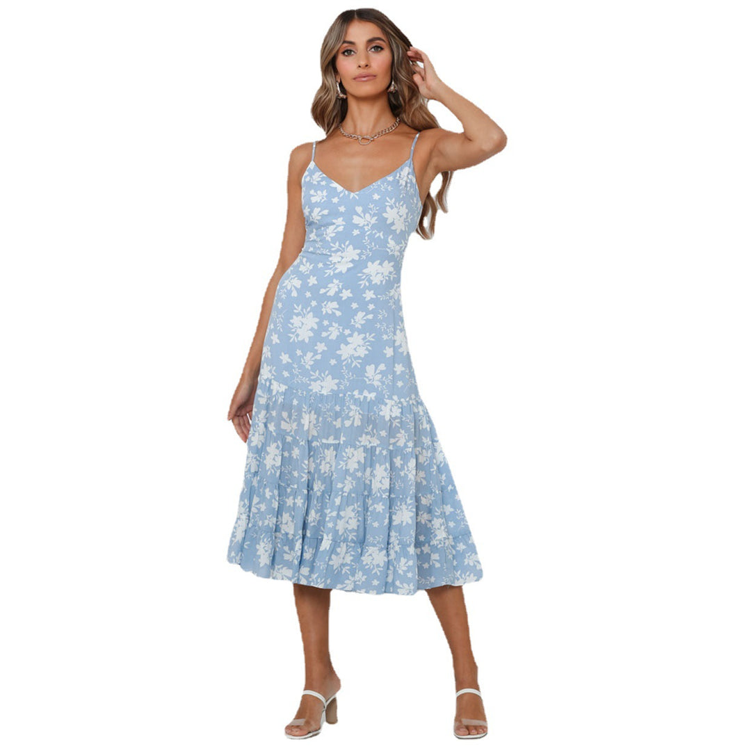 Damen Midi-Kleid mit floralen Rüschen und schwingendem Rock R&B