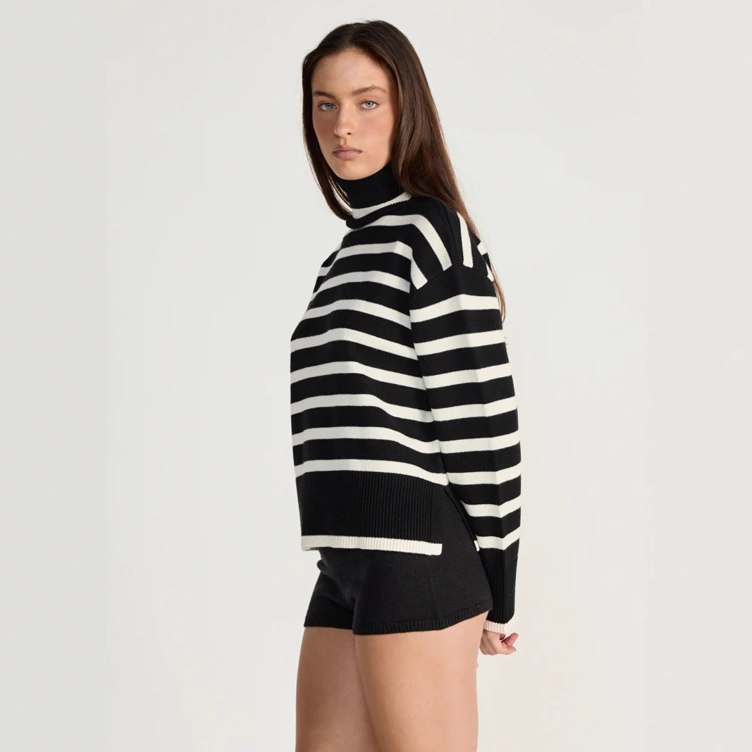 Damen gestreifter Rollkragenpullover mit lässigem Schnitt R&B