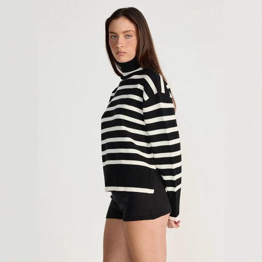 Damen gestreifter Rollkragenpullover mit lässigem Schnitt R&B