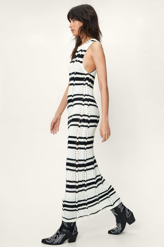 Damen Maxikleid aus gehäkeltem Stoff mit modernem Streifenmuster R&B