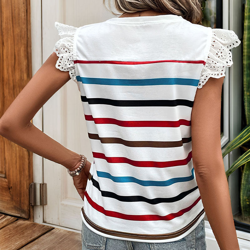 Damen T-Shirt mit Spitzenärmeln und gestreiftem Design R&B