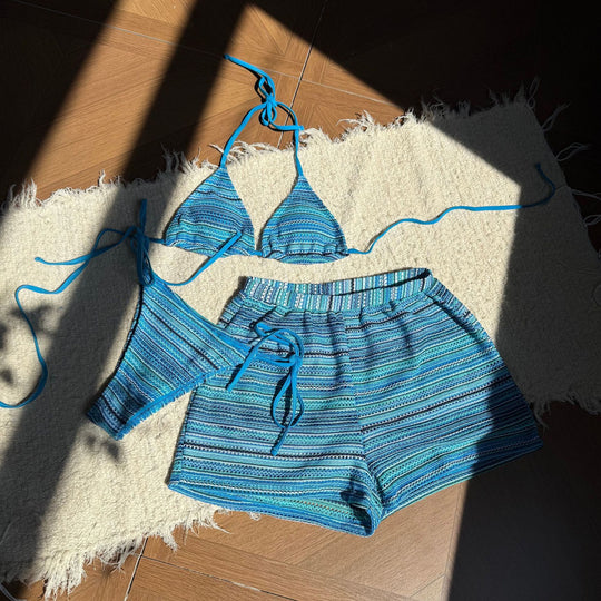 Damen Zweiteiliges Strand-Bikini-Set mit verspielt gestreiftem Oberteil und Shorts R&B