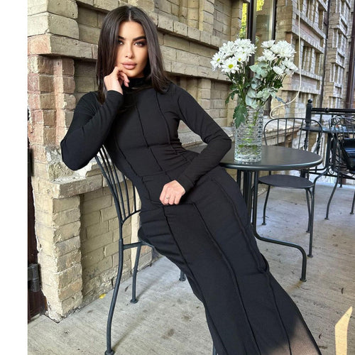 Damen figurbetontes Maxikleid mit schmalem Saum und langen Ärmeln R&B