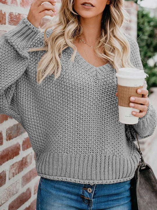 Damen lässiger V-Ausschnitt Pullover mit lockerem Schnitt und strukturiertem Strick R&B