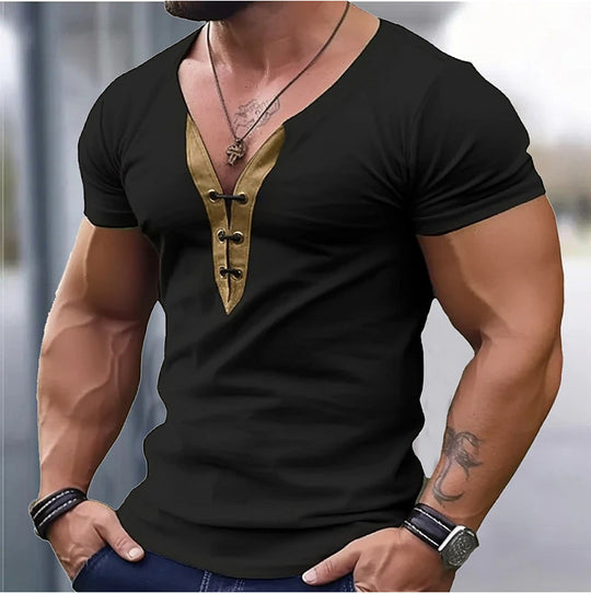 Herren trendiges V-Ausschnitt T-Shirt mit Knopfleiste R&B