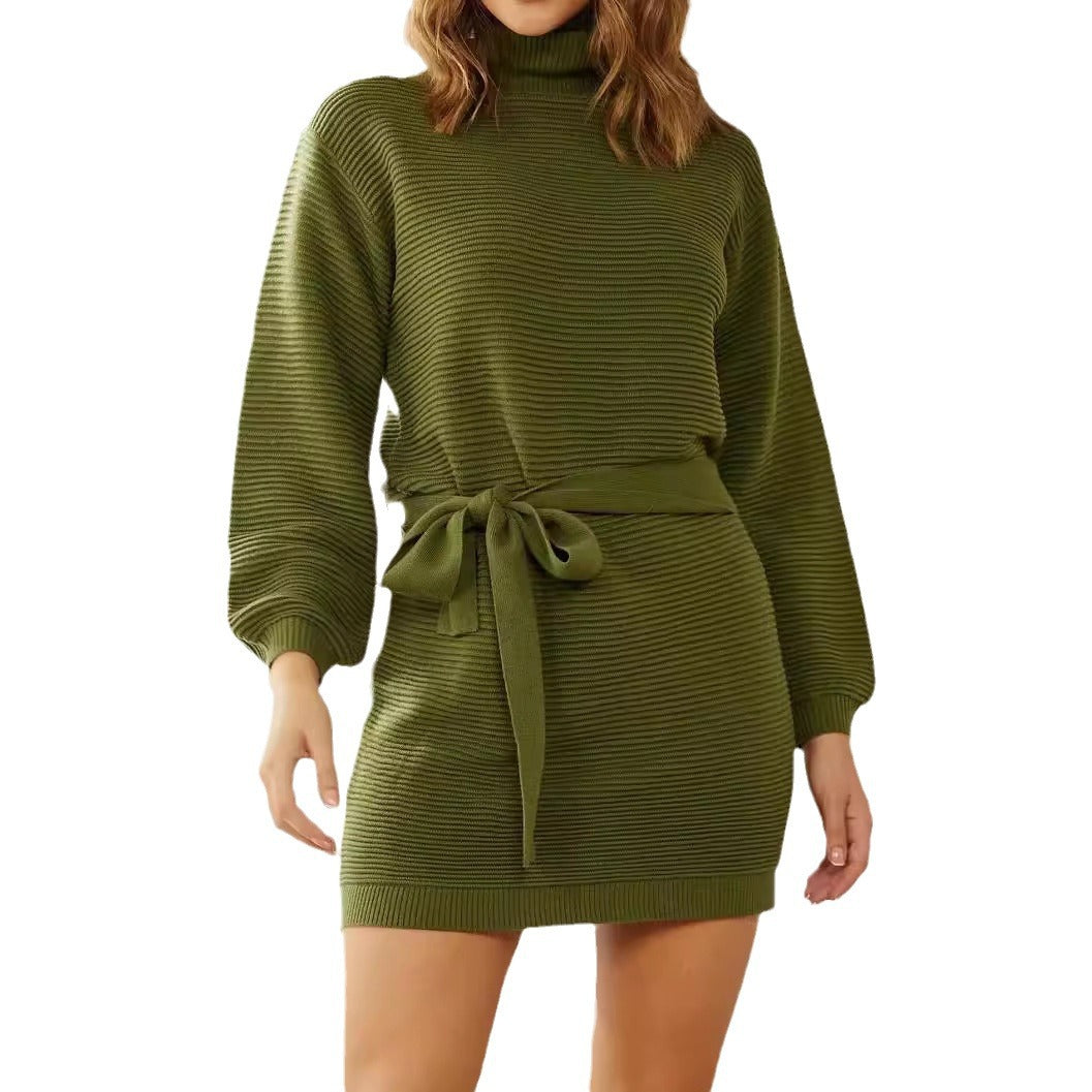 Damen Strickkleid mit Rollkragen und Taillengürtel R&B