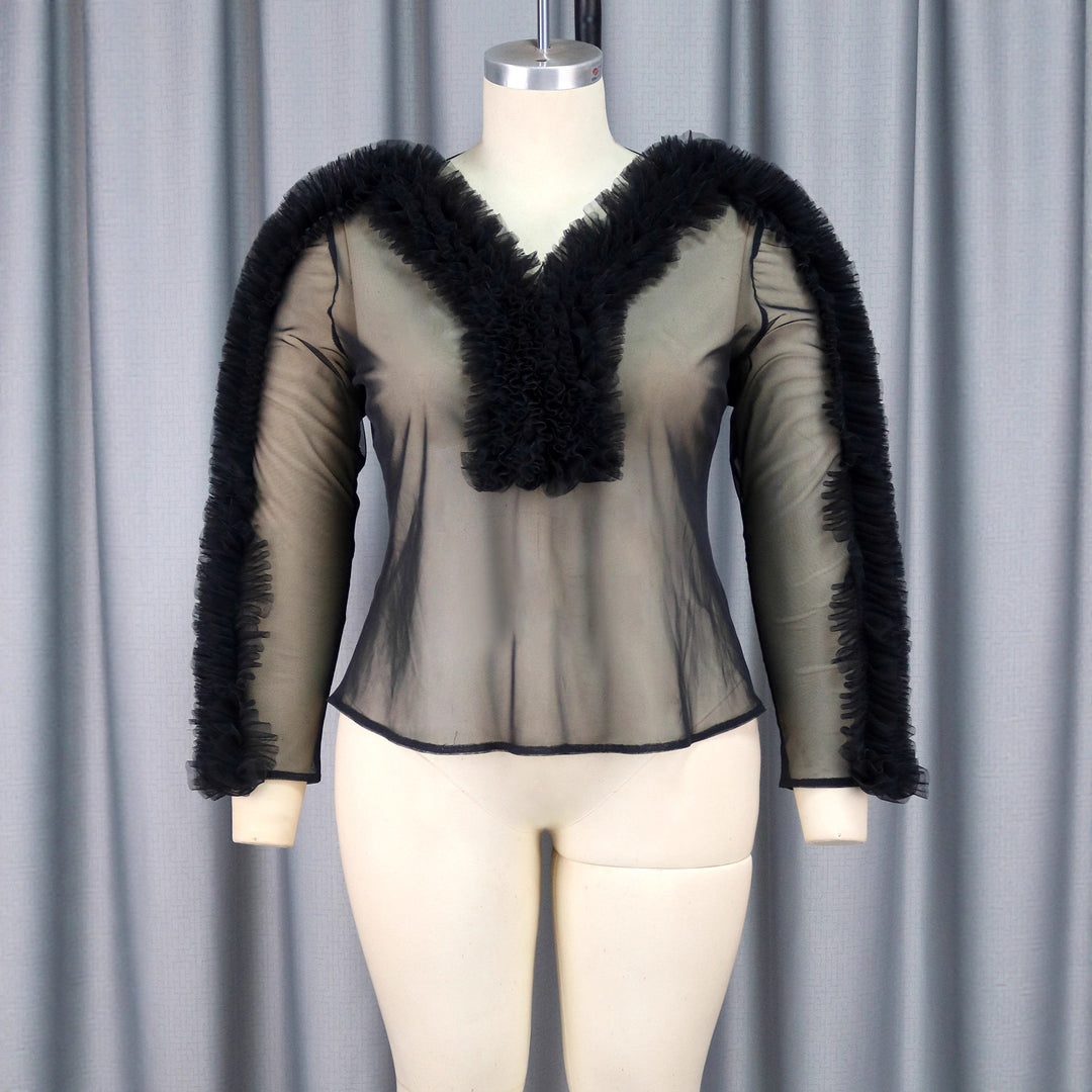Damen transparente Bluse mit voluminösen Rüschen R&B