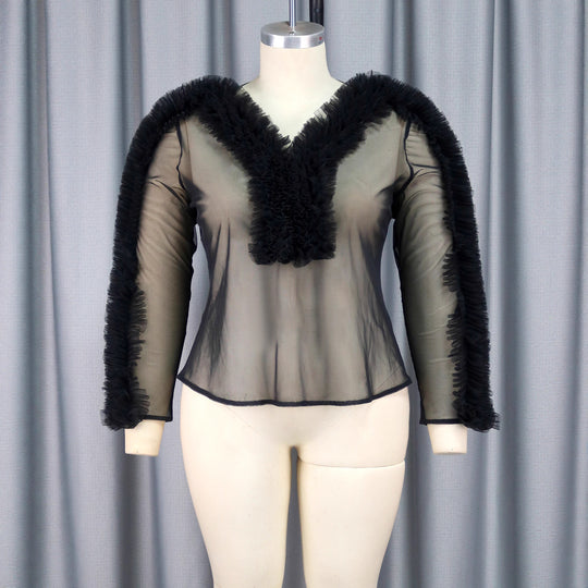 Damen transparente Bluse mit voluminösen Rüschen R&B
