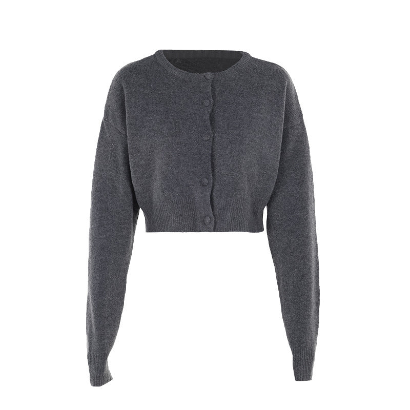 Damen Kurzer Strickpullover mit Rundhalsausschnitt und Knopfverschluss R&B