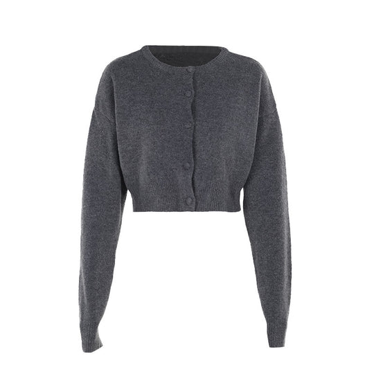 Damen Kurzer Strickpullover mit Rundhalsausschnitt und Knopfverschluss R&B