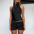 Damen Eleganter Kurzarm-Haltertop mit hochgeschlossenem Kragen und passendem Shorts R&B