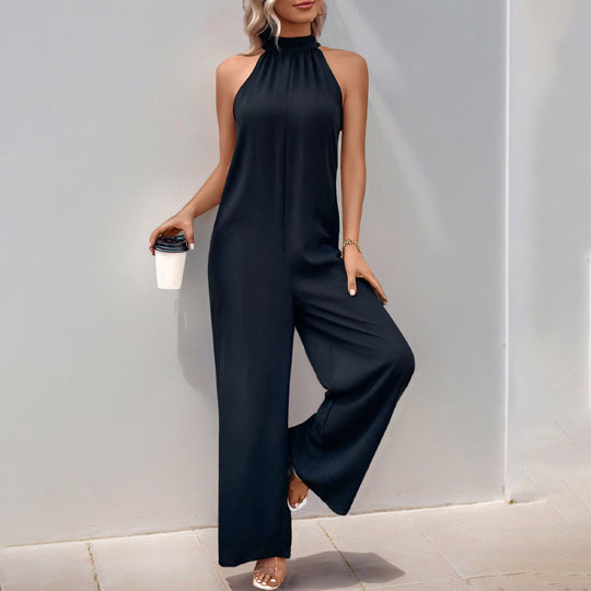 Damen eleganter Jumpsuit mit hohem Kragen und weitem Bein R&B