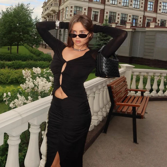 Damen elegante und figurbetonte Midi-Kleid mit Schlüsselloch-Ausschnitt R&B