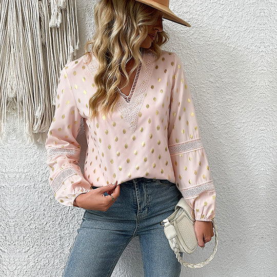 Damen Bluse mit V-Ausschnitt und feinem Lochmuster R&B