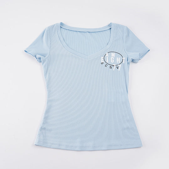 Damen Kurzarmshirt mit V-Ausschnitt und grafischem Print R&B