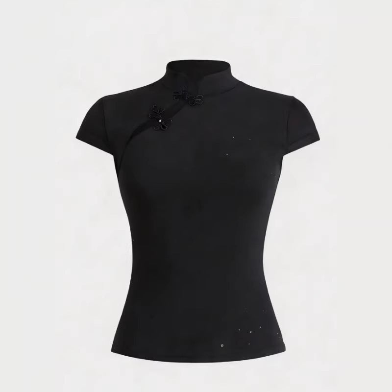 Damen Chinesisch inspirierte Bluse mit modernem Stehkragen und floralen Details R&B