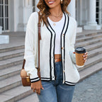 R&B | Cardigan - Damen Frühling Knopf Farbblock V-Ausschnitt Strickjacke