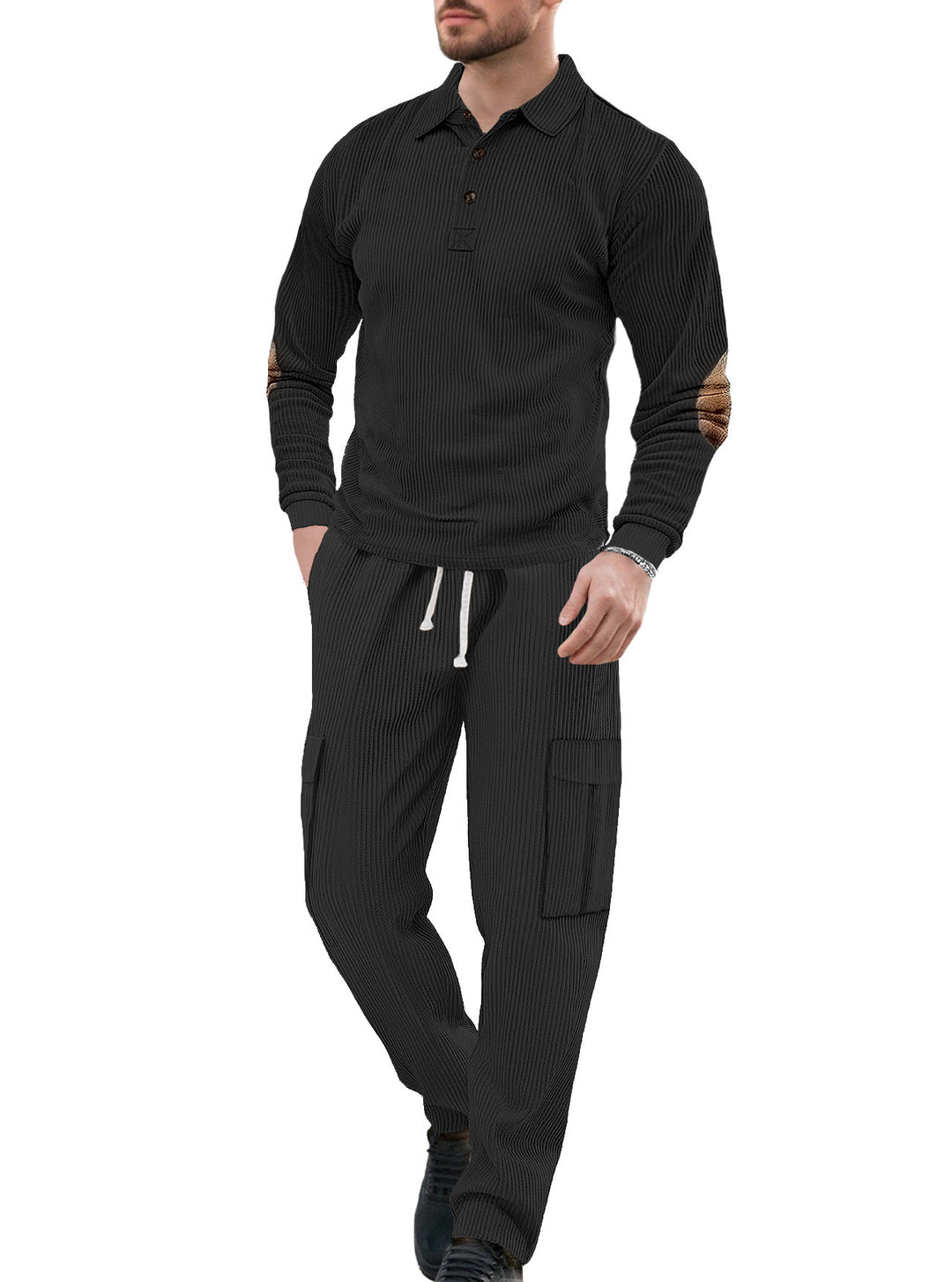 Herren nan geripptes Lounge-Set mit Polokragen Ellenbogenpatches und Cargohose R&B