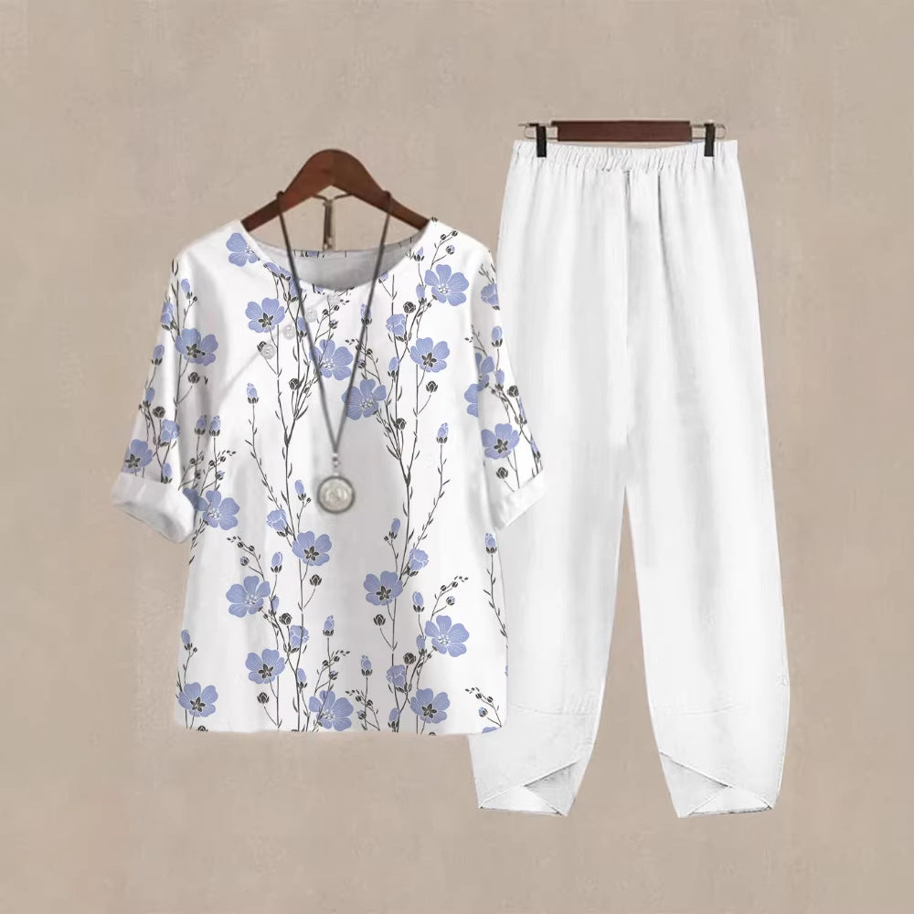 Damen Freizeit Oberteil mit floralem Muster und bequemer Hose R&B