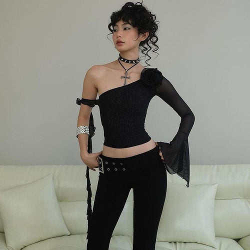 Damen Off-Shoulder Oberteil mit transparenten Ärmeln und dekorativen Akzenten R&B