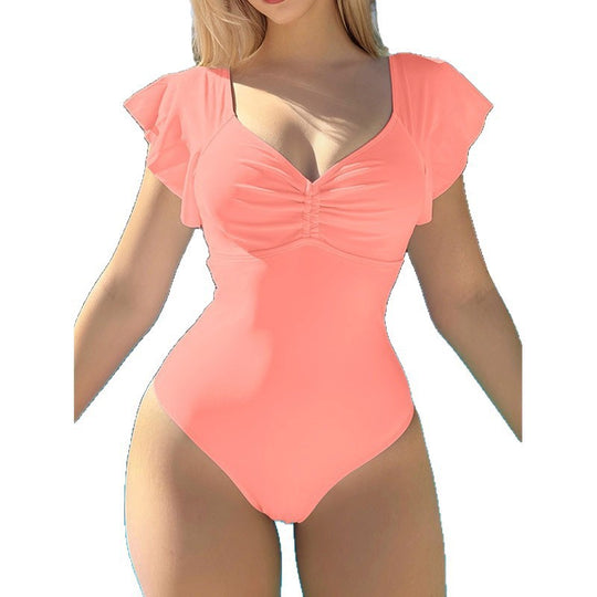 Damen Eleganter Einteiler Badeanzug mit dekorativen Rüschen R&B