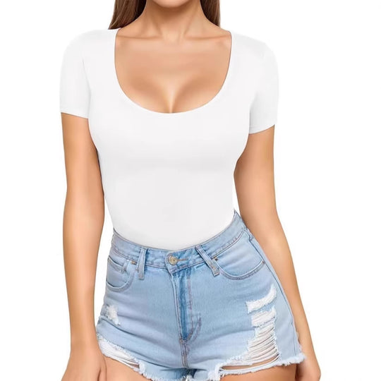 Damen figurbetontes Kurzarm-Body mit rundem Ausschnitt und nahtlosem Design R&B