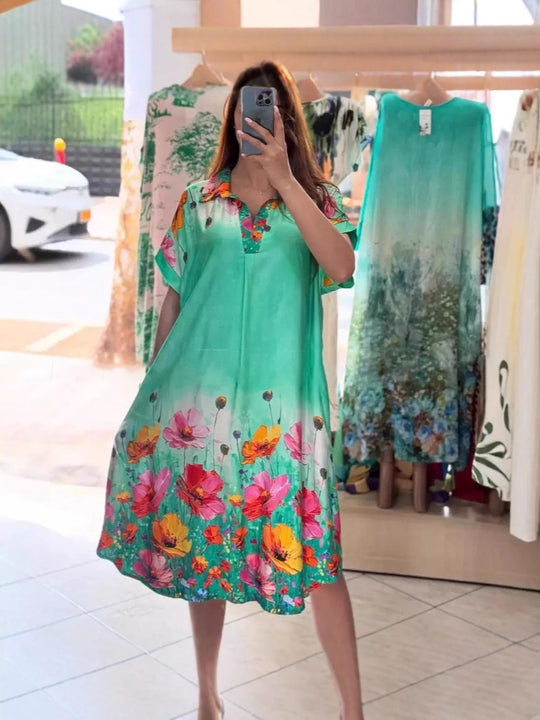 Damen nan leichtes Hemdblusenkleid mit floralem Bordürenprint, offenem V‑Ausschnitt und Einschubtaschen R&B