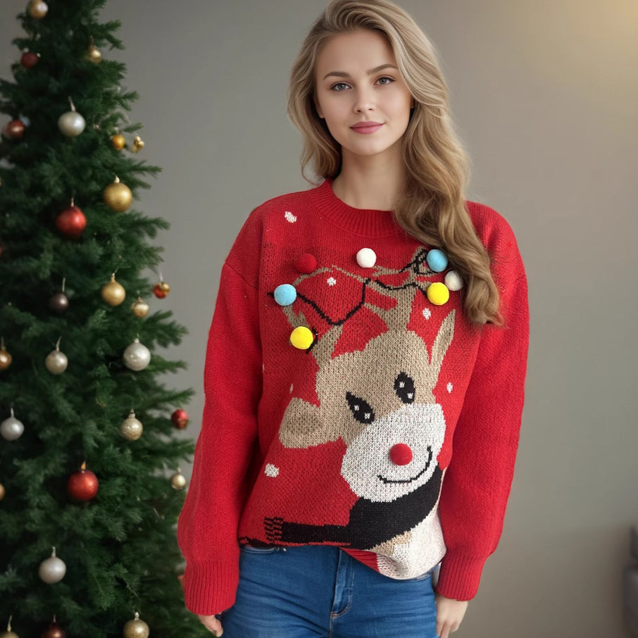 Damen weihnachtlicher Pullover mit einzigartigem Rentiermotiv und bunten Applikationen R&B